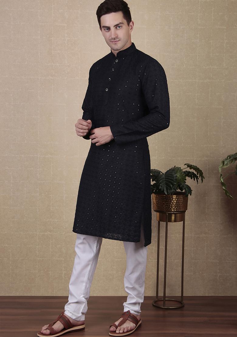 Blue Sequin work Cotton Kurta Set For Men