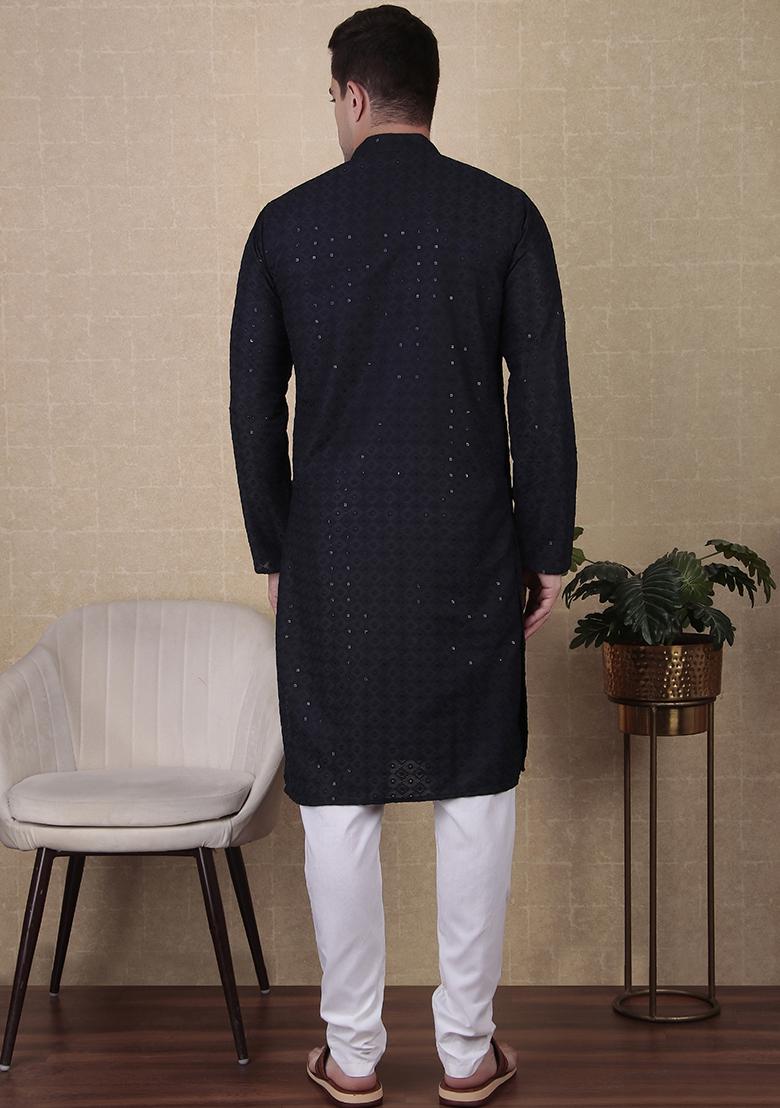 Blue Sequin work Cotton Kurta Set For Men