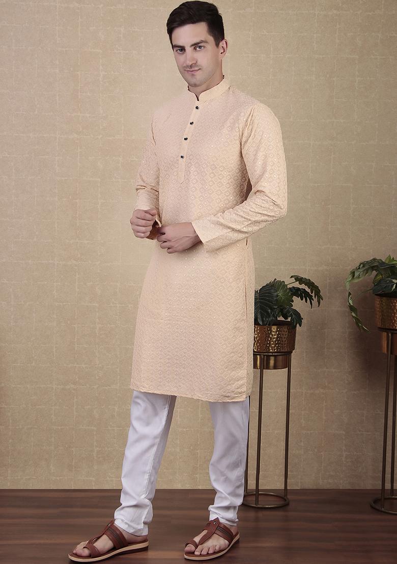 Cream Sequin work Cotton Kurta Set For Men