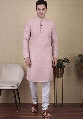 Pink Sequin work Cotton Kurta Set For Men