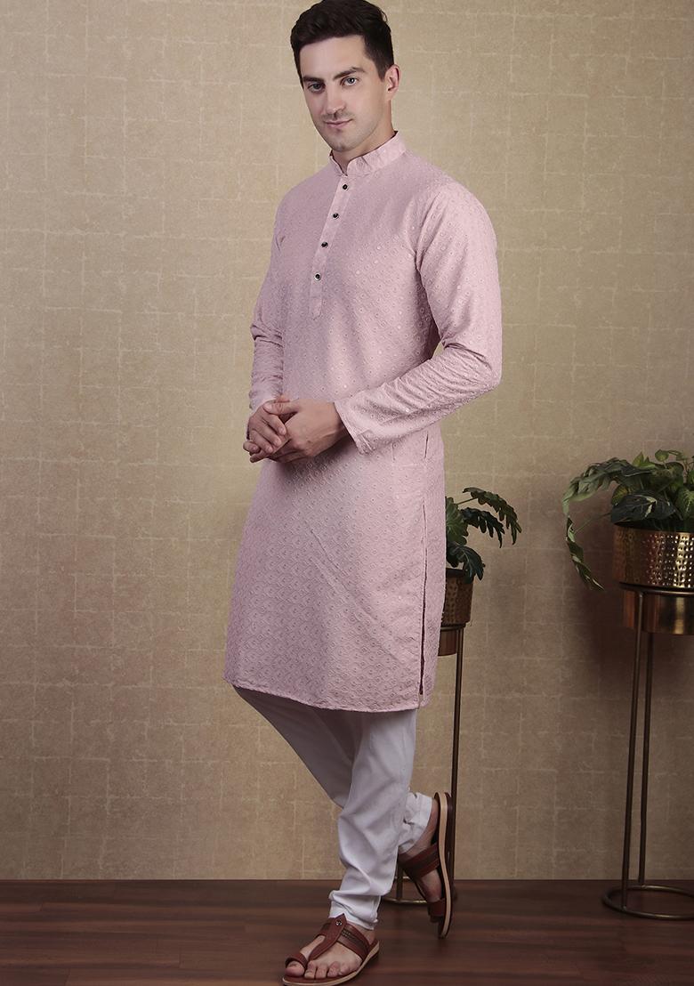 Pink Sequin work Cotton Kurta Set For Men