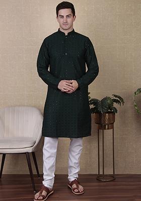 Green Sequin work Cotton Kurta Set For Men