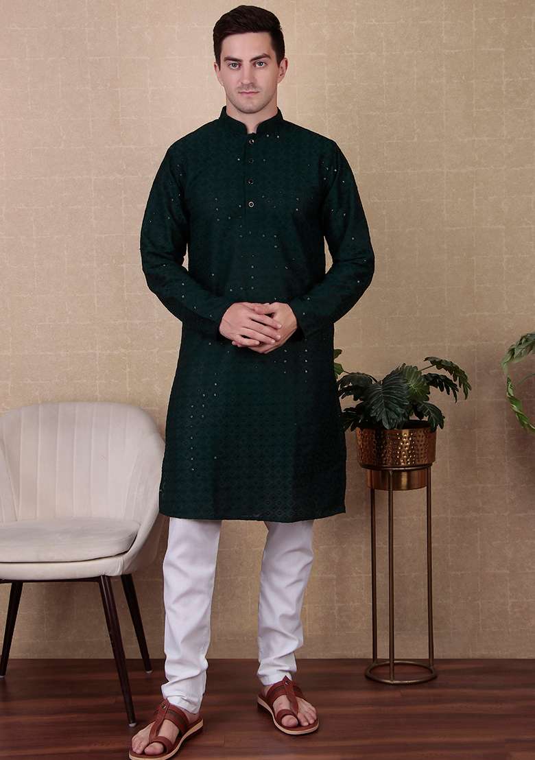 Green Sequin work Cotton Kurta Set For Men - Indya