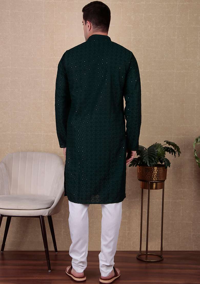 Green Sequin work Cotton Kurta Set For Men - Indya