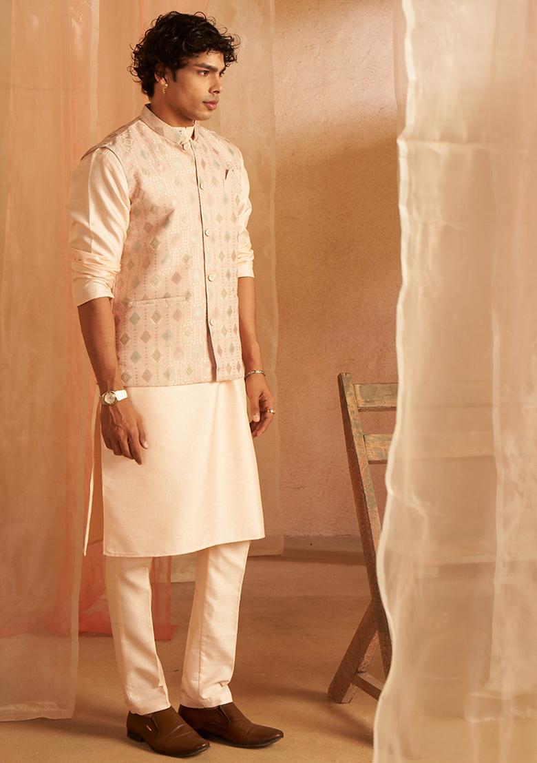 Peach Abstract print Viscose Jacket For Men