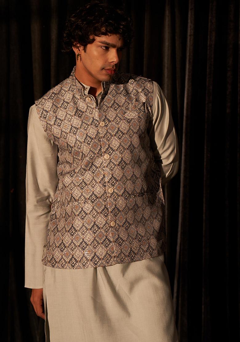 Grey Abstract print Viscose Jacket For Men