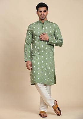 Green Embroidered Viscose Kurta Set For Men