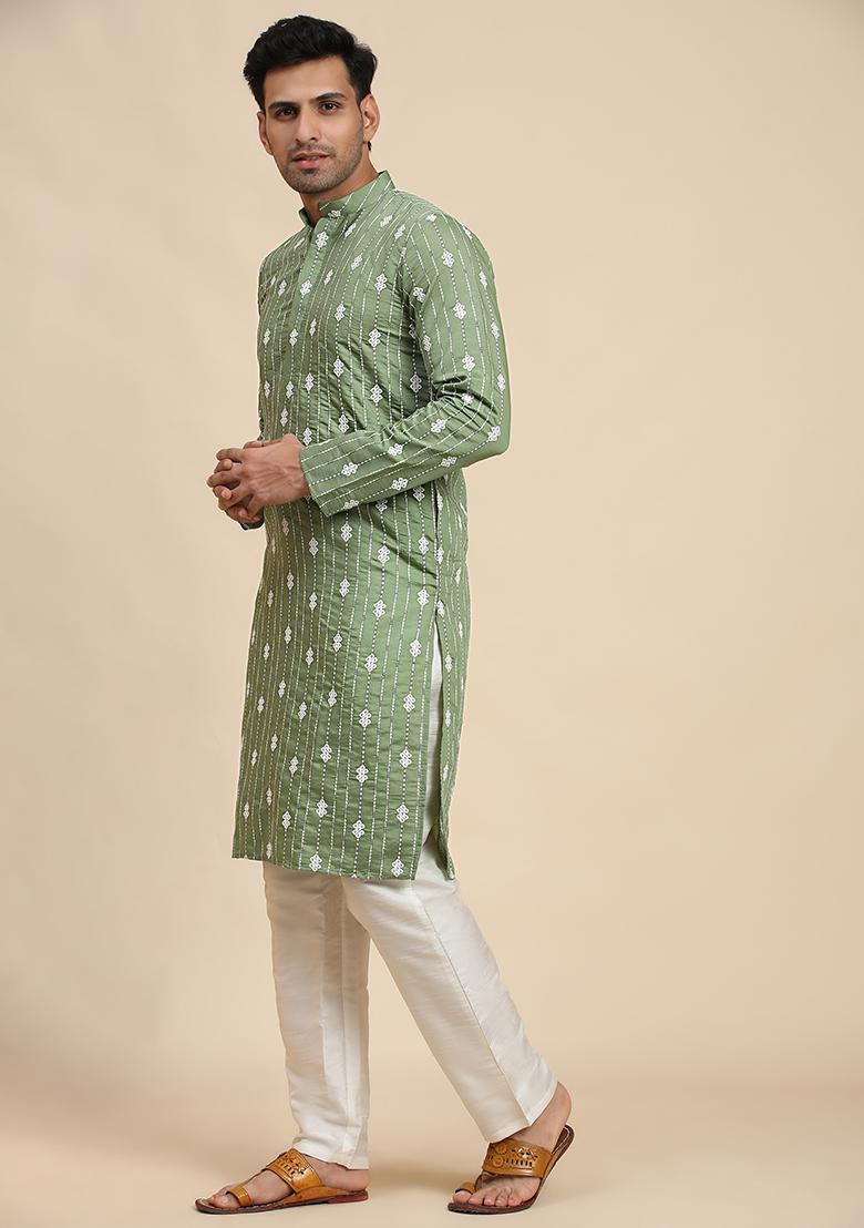 Green Embroidered Viscose Kurta Set For Men