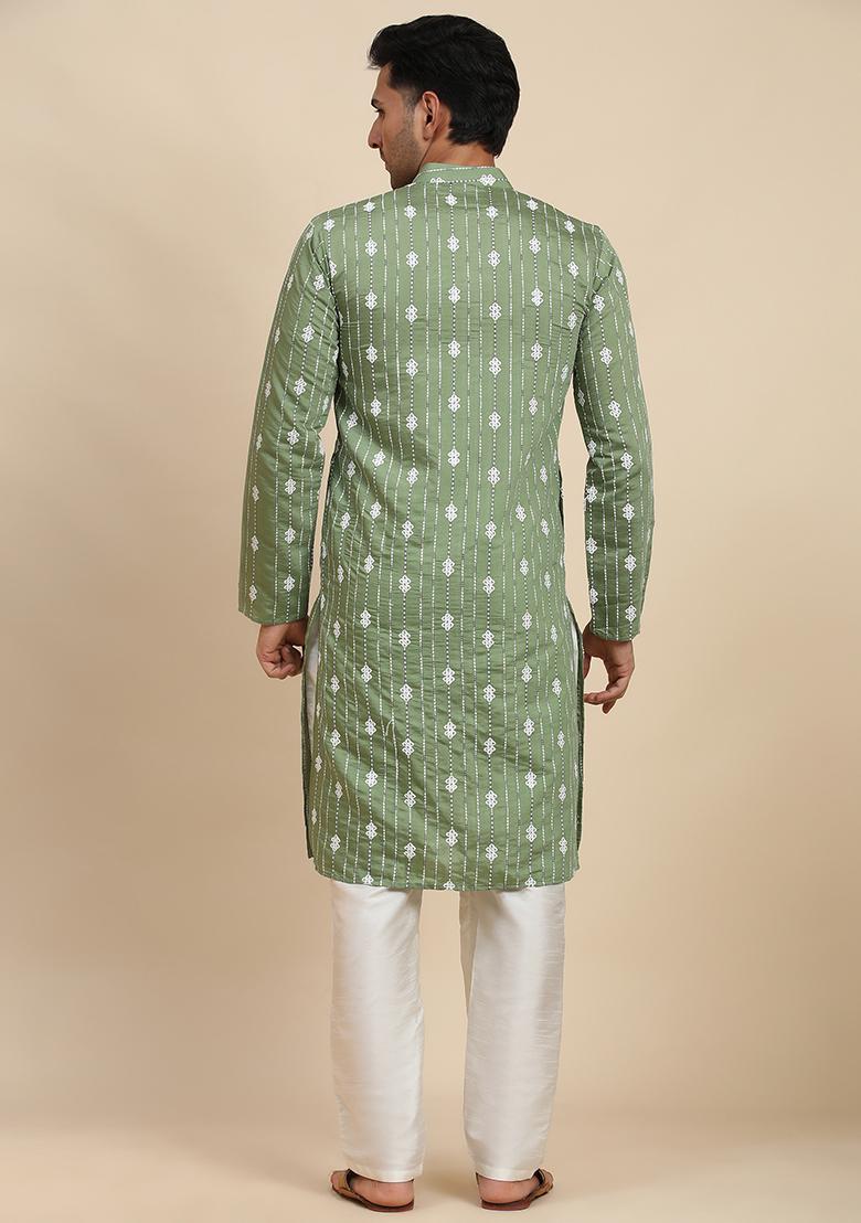 Green Embroidered Viscose Kurta Set For Men