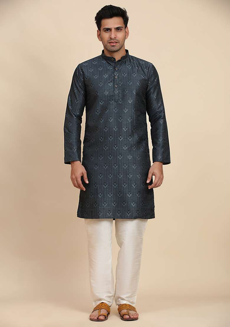 Navy Blue Abstract print Viscose Kurta Set For Men - Indya
