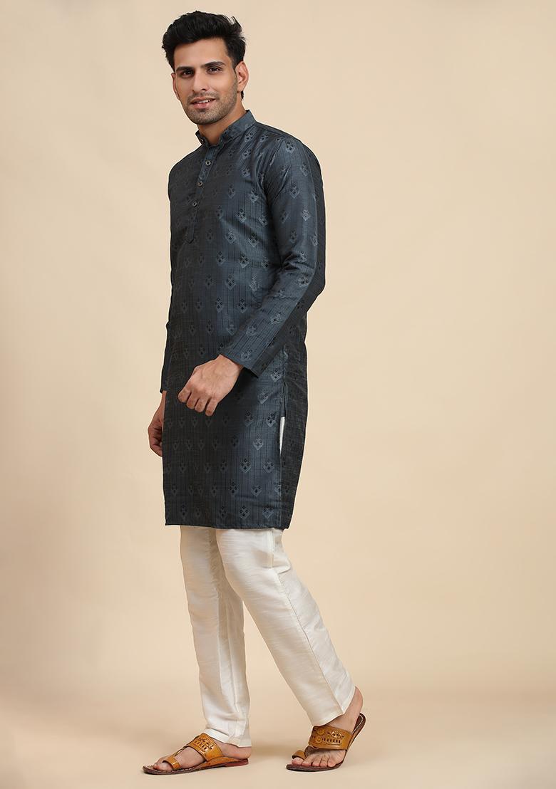 Navy Blue Abstract print Viscose Kurta Set For Men