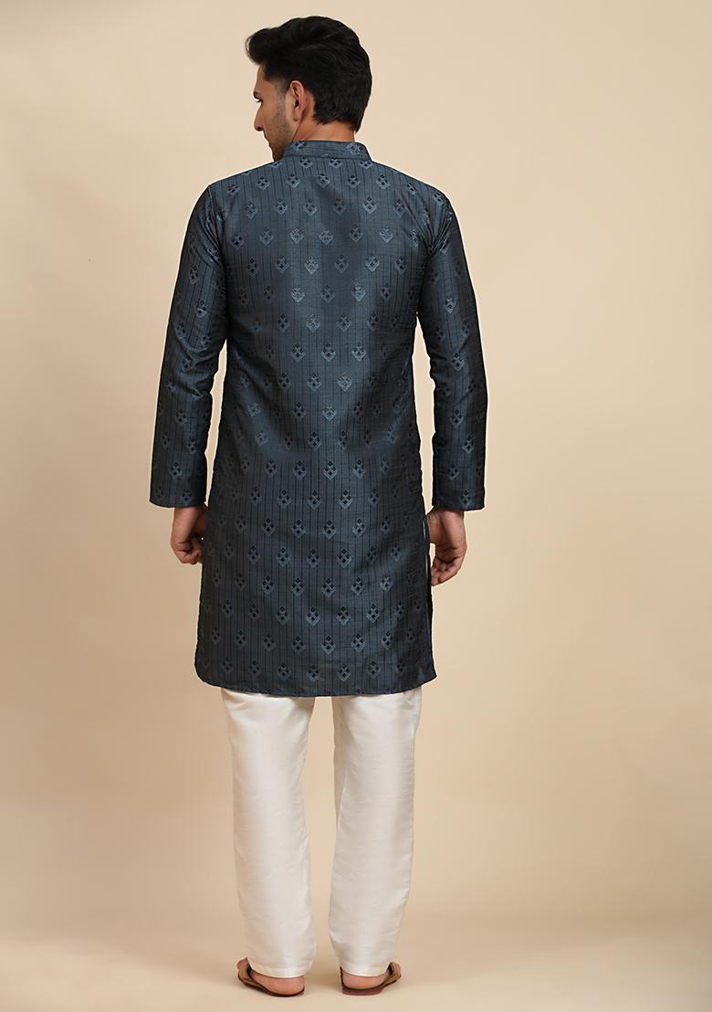 Navy Blue Abstract print Viscose Kurta Set For Men