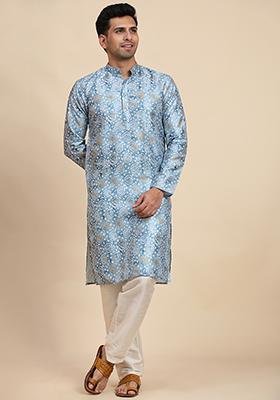 Light Blue Abstract print Viscose Kurta Set For Men