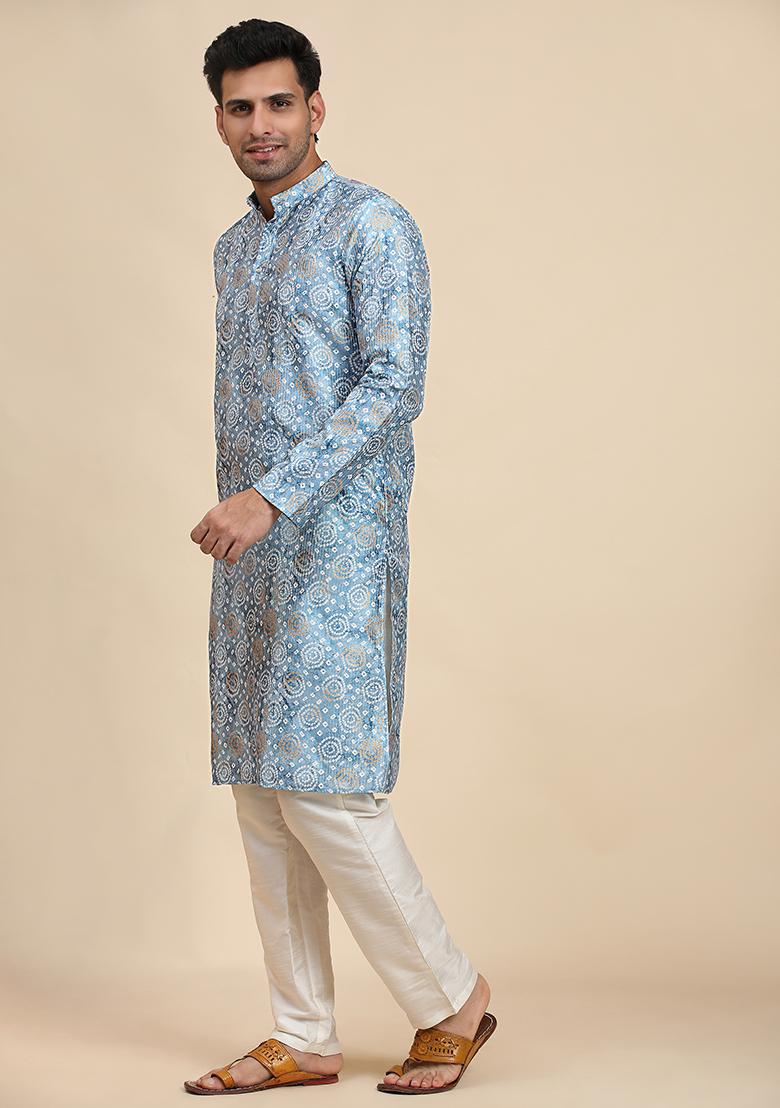 Light Blue Abstract print Viscose Kurta Set For Men