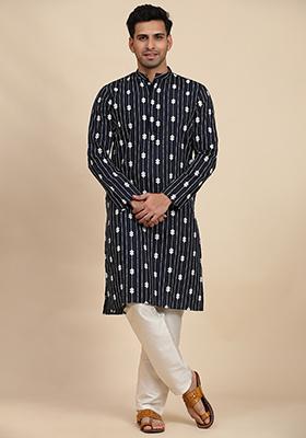 Navy Blue Embroidered Viscose Kurta Set For Men