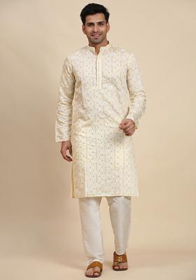 Cream Embroidered Viscose Kurta Set For Men