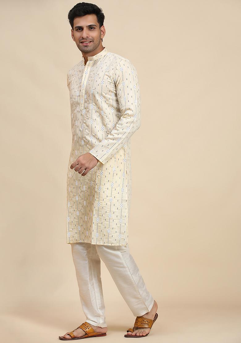 Cream Embroidered Viscose Kurta Set For Men