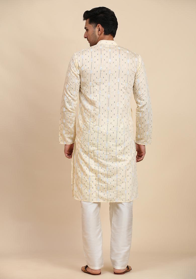 Cream Embroidered Viscose Kurta Set For Men
