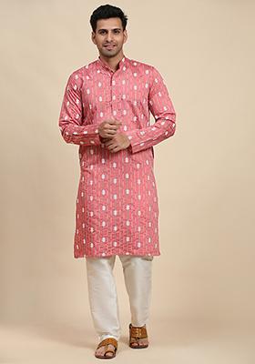 Pink  Embroidered Viscose Kurta Set For Men