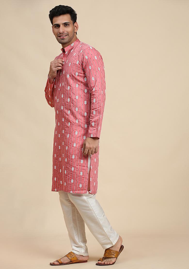 Pink  Embroidered Viscose Kurta Set For Men