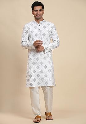 White Embroidered Cotton Kurta Set For Men