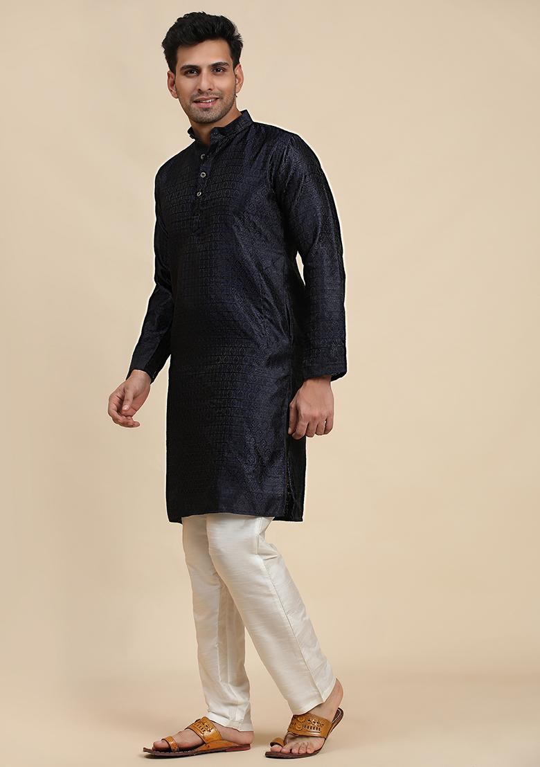 Navy Blue Abstract print Viscose Kurta Set For Men