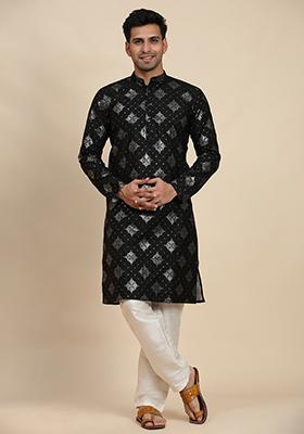 Black Embroidered Cotton Kurta Set For Men