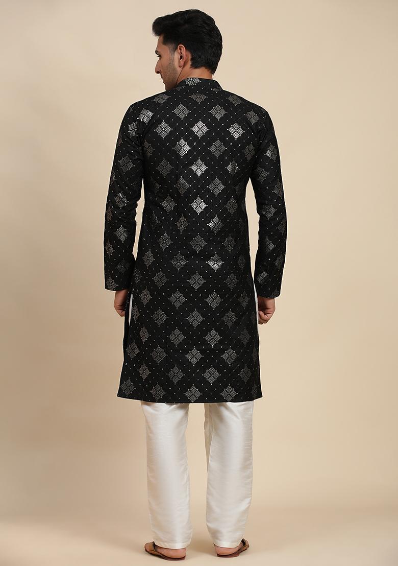 Black Embroidered Cotton Kurta Set For Men