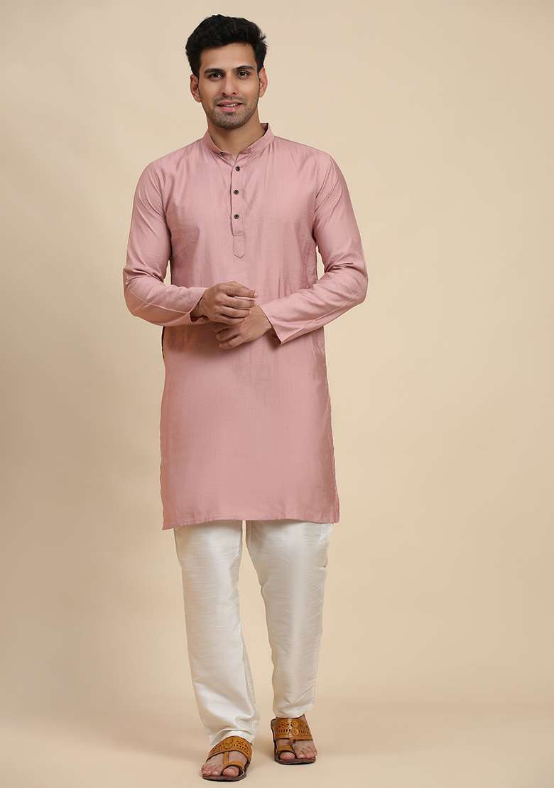 Pink  Abstract print Viscose Kurta Set For Men - Indya
