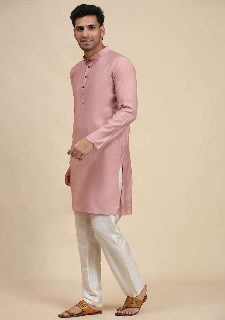 Pink  Abstract print Viscose Kurta Set For Men - Indya