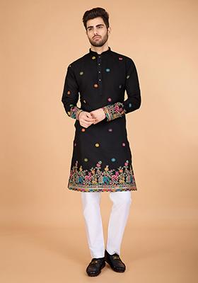 Black Embroidered Art Silk Kurta For Men