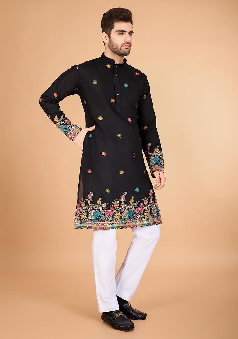 Black Embroidered Art Silk Kurta For Men