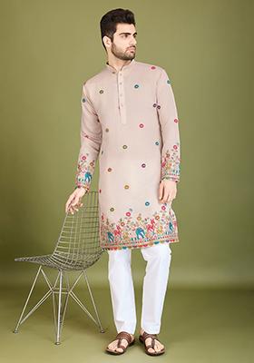 White Embroidered Art Silk Kurta For Men