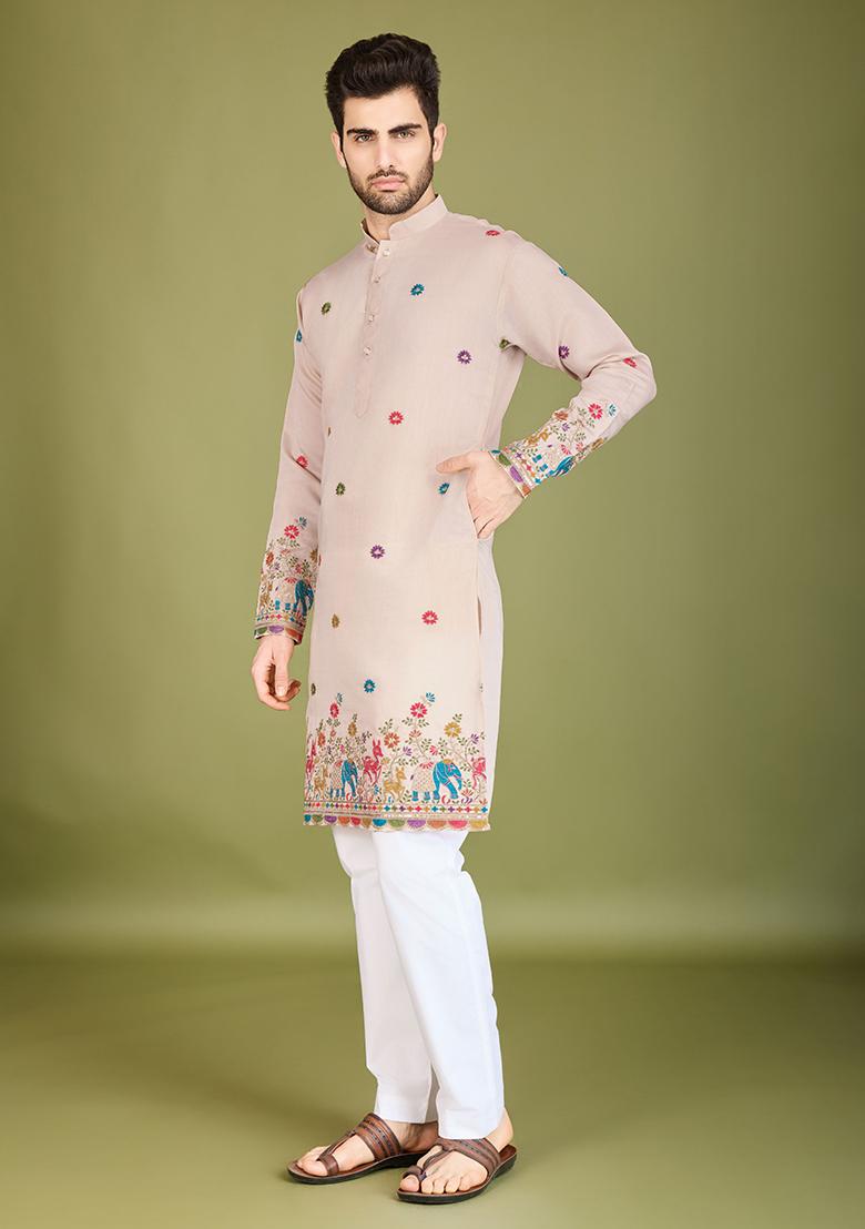 White Embroidered Art Silk Kurta For Men