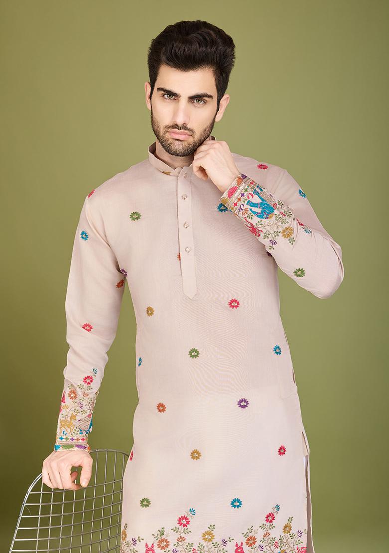 White Embroidered Art Silk Kurta For Men