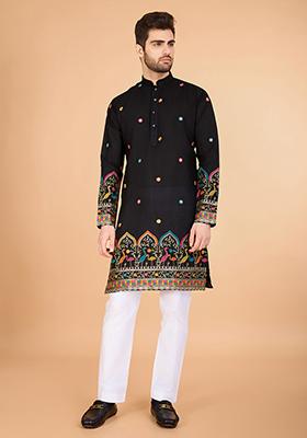Black Embroidered Art Silk Kurta For Men