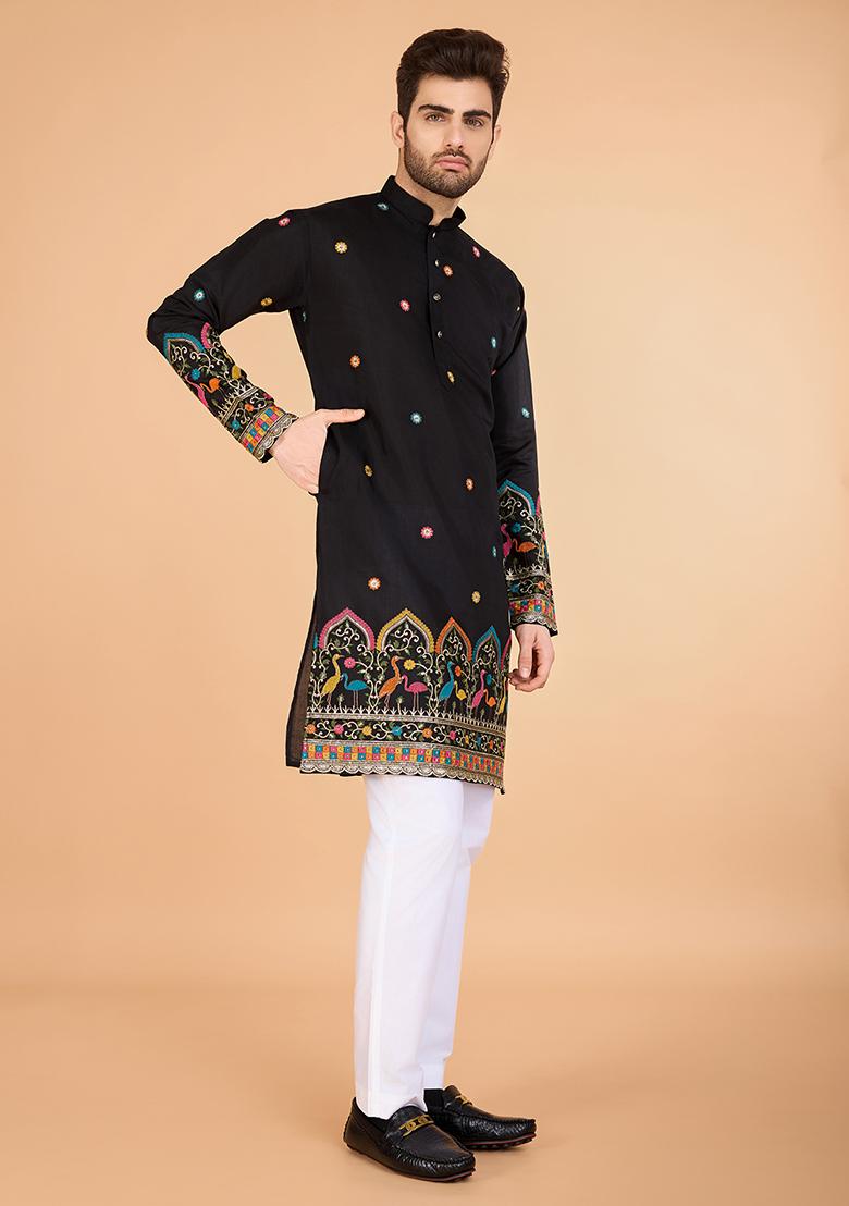 Black Embroidered Art Silk Kurta For Men