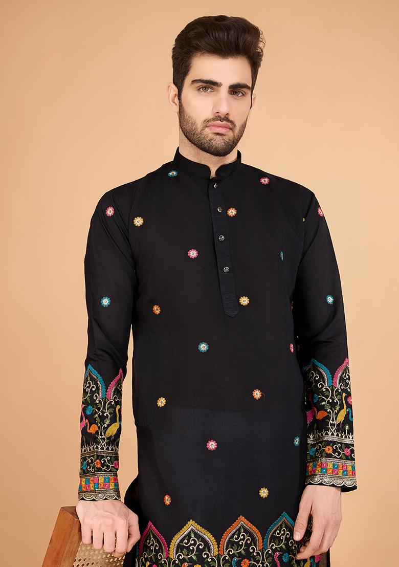 Black Embroidered Art Silk Kurta For Men