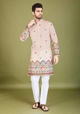 White Embroidered Art Silk Kurta For Men