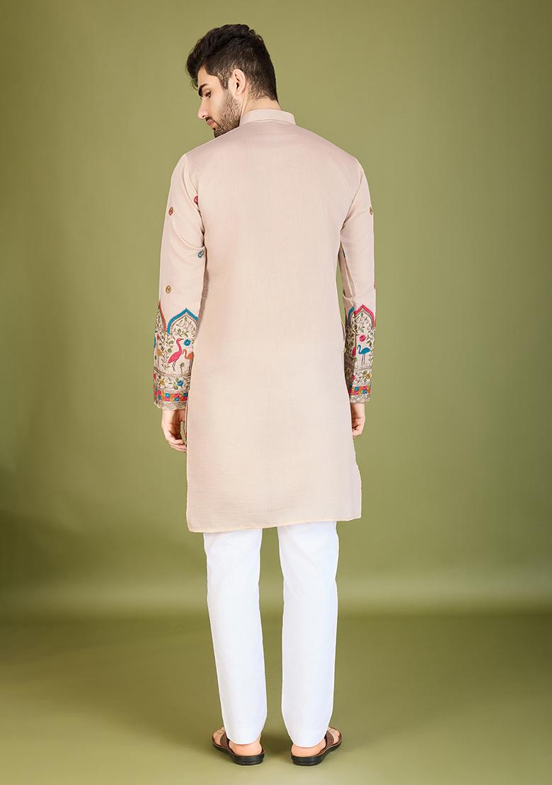 White Embroidered Art Silk Kurta For Men