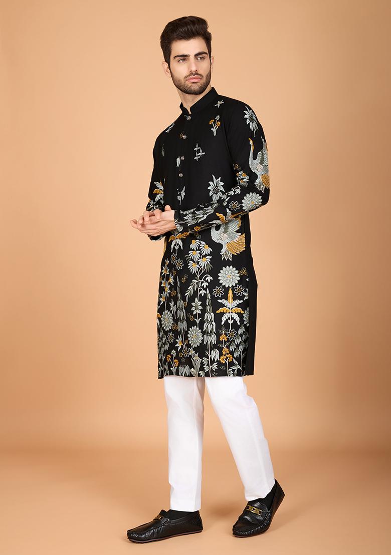 Black Embroidered Art Silk Kurta For Men