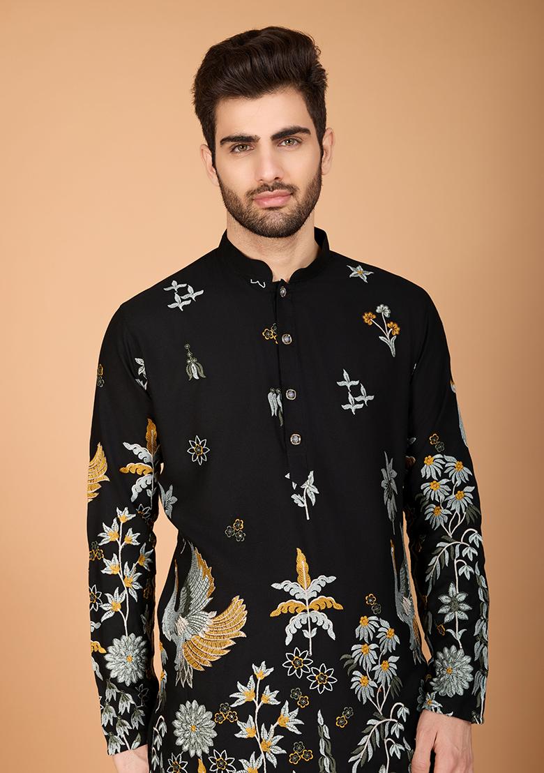 Black Embroidered Art Silk Kurta For Men