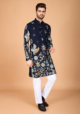 Blue Embroidered Art Silk Kurta For Men