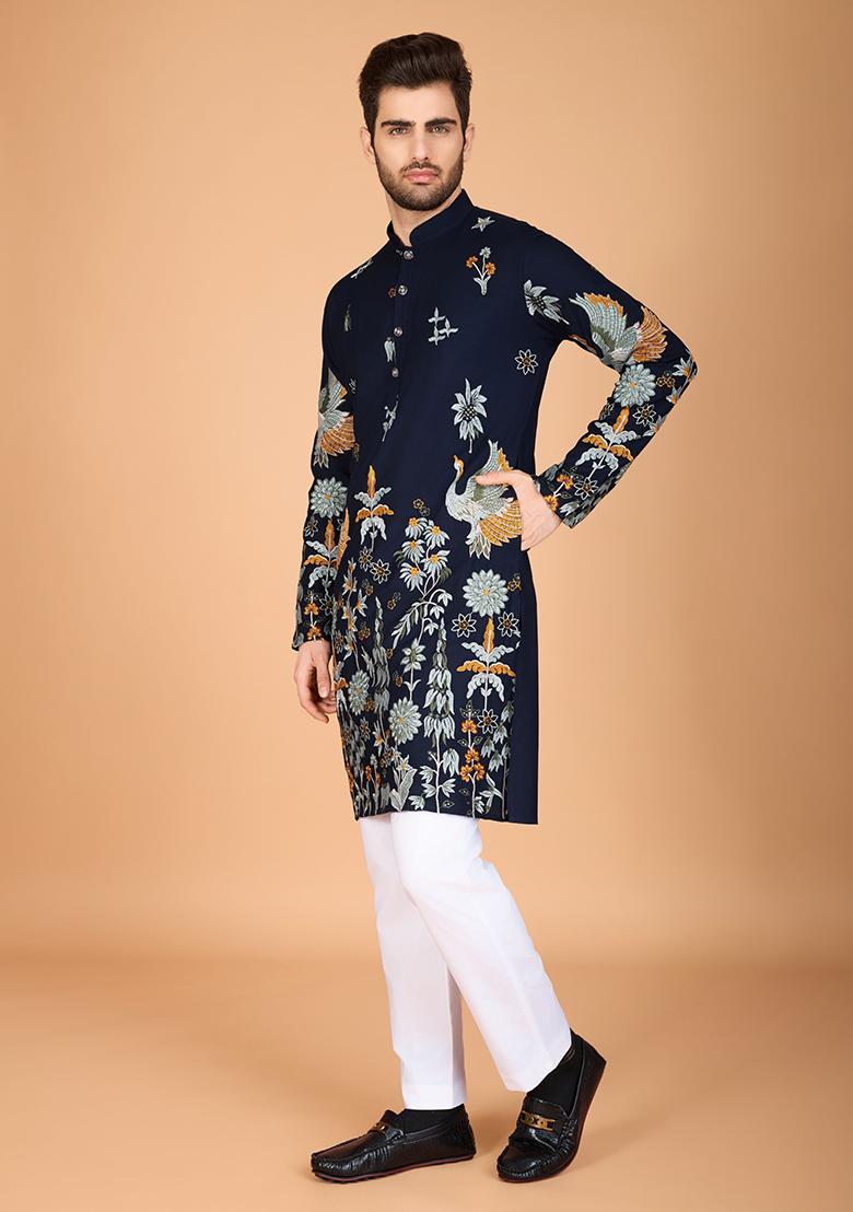 Blue Embroidered Art Silk Kurta For Men