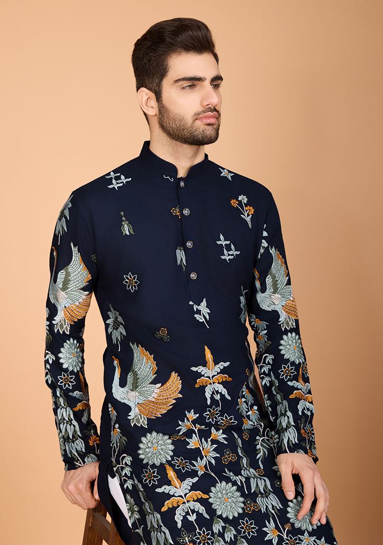 Blue Embroidered Art Silk Kurta For Men