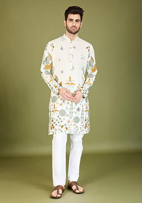 White Embroidered Art Silk Kurta For Men