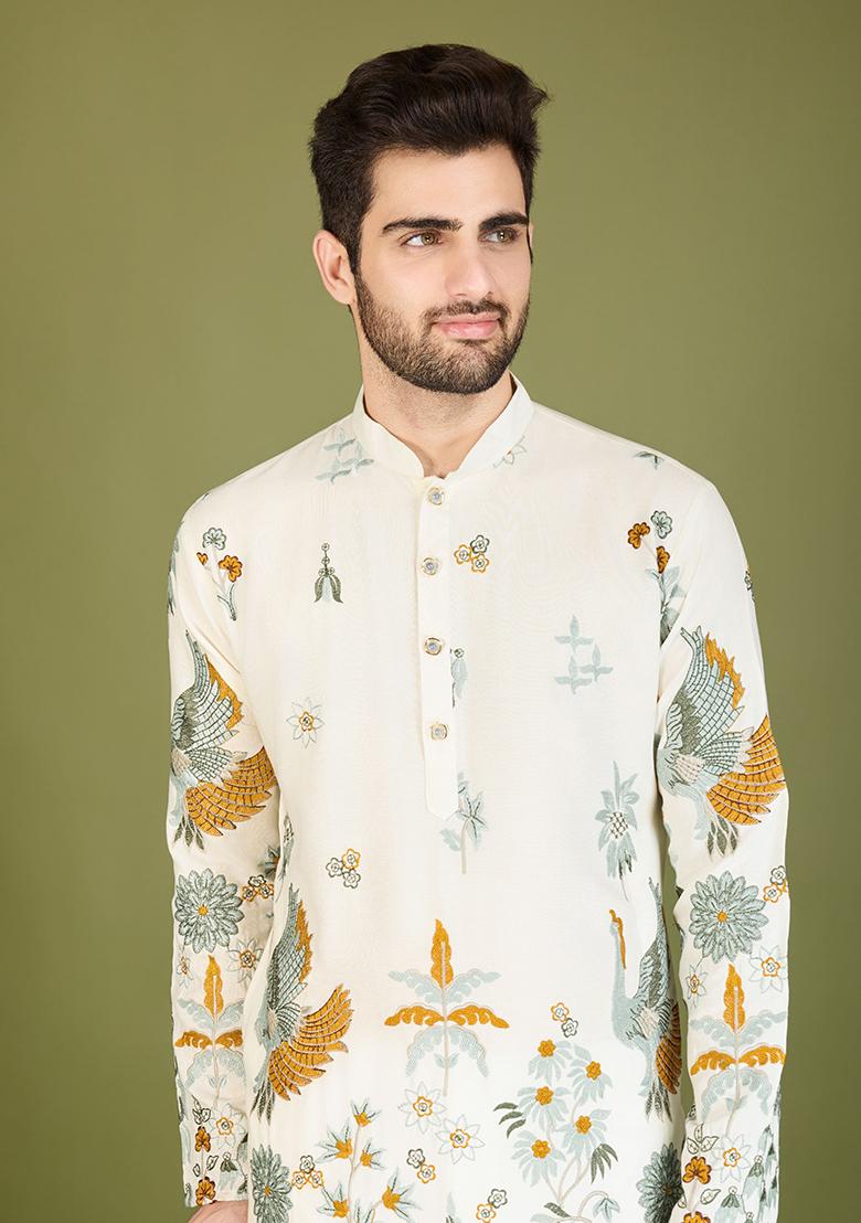 White Embroidered Art Silk Kurta For Men