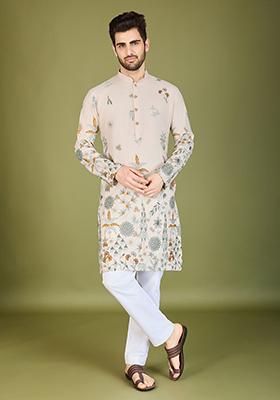 White Embroidered Art Silk Kurta For Men