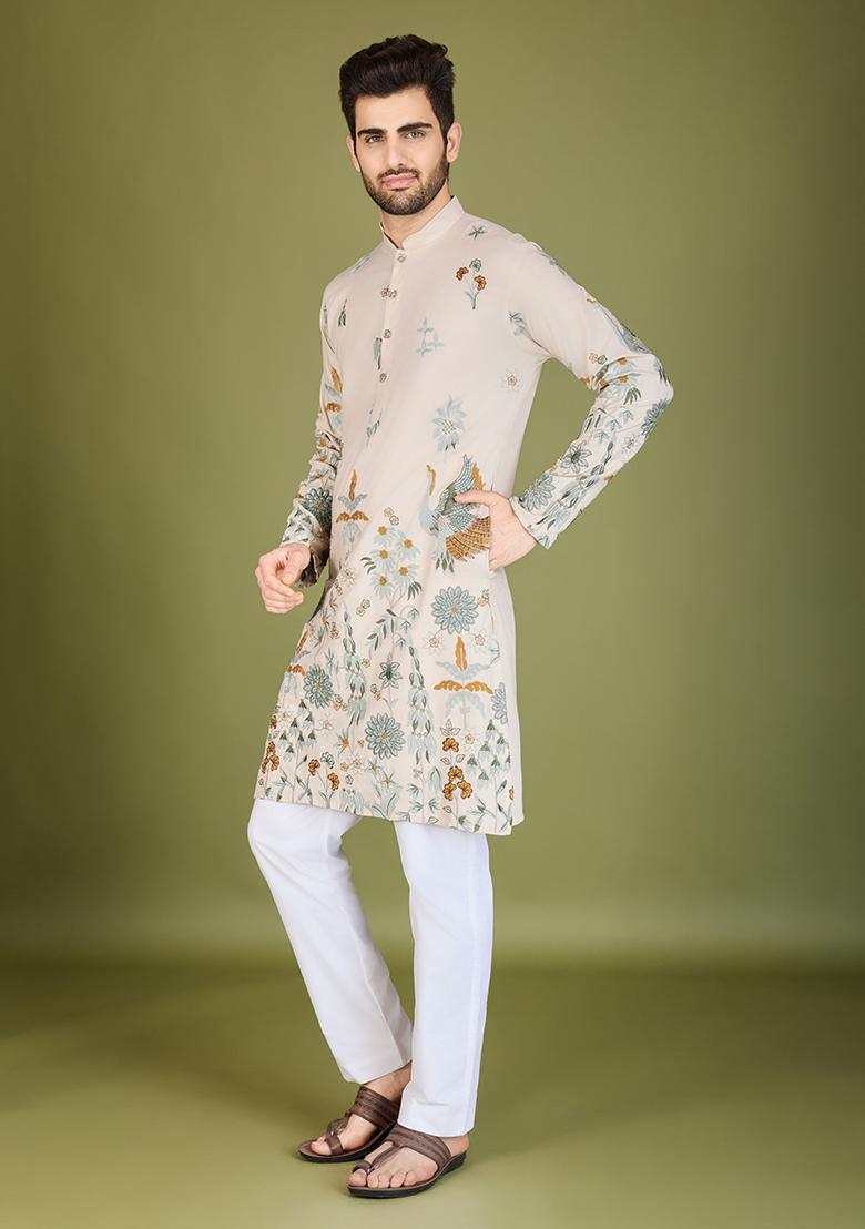 White Embroidered Art Silk Kurta For Men