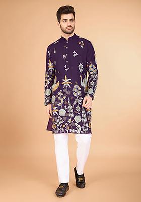 Purple Embroidered Art Silk Kurta For Men
